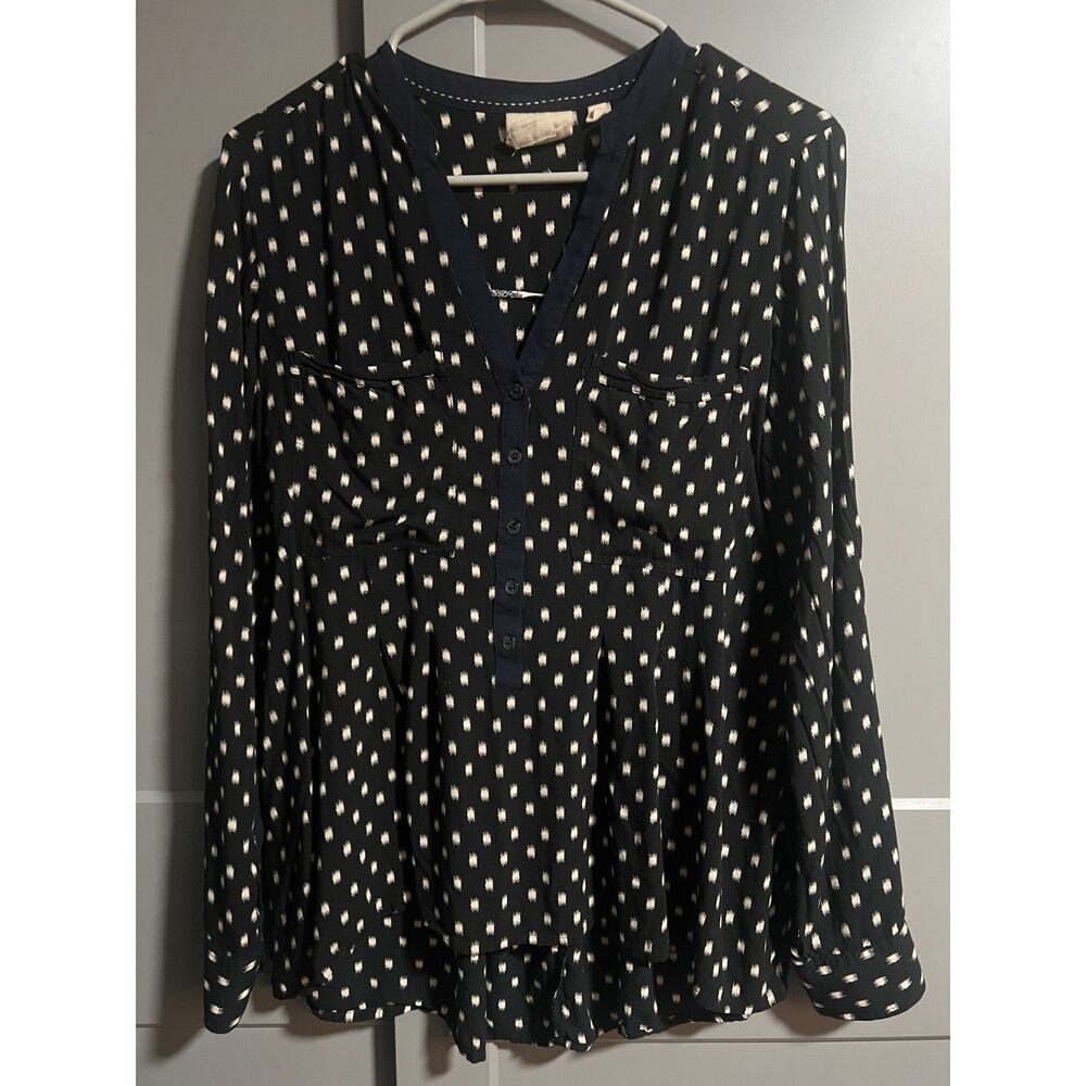 Vanessa Virginia Women V-Neck Polka Dot Henley Roll Up Sleeve Blouse US 6(Small)